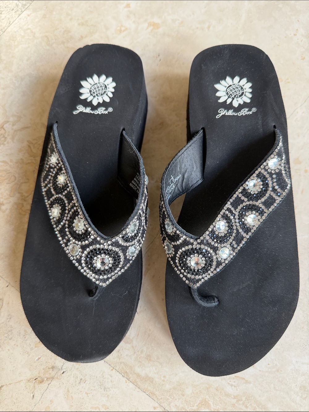 Yellow Box Black Jeweled Wedge Sandals